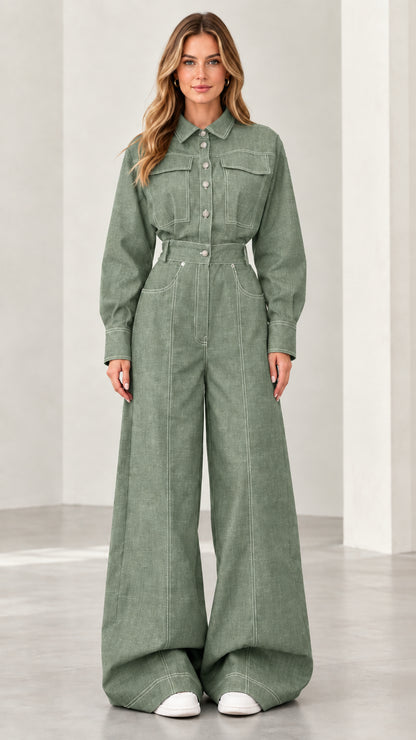 Front view of model wearing sage green wide leg denim jumpsuit with matching belt