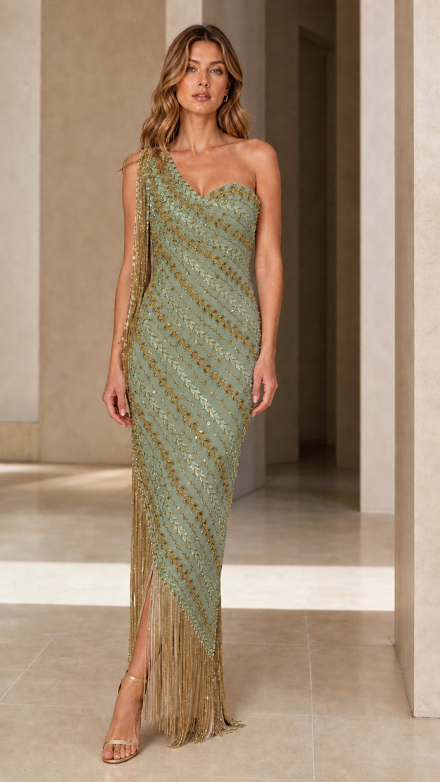 Sage green one-shoulder formal evening dress with sequin beadwork and fringe