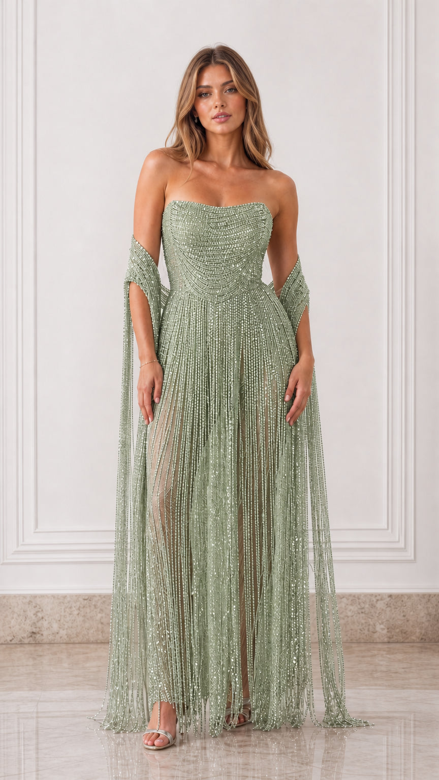 Full-length front view of sage green strapless beaded fringe evening gown