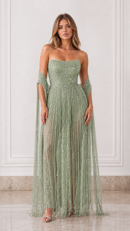 Full-length front view of sage green strapless beaded fringe evening gown