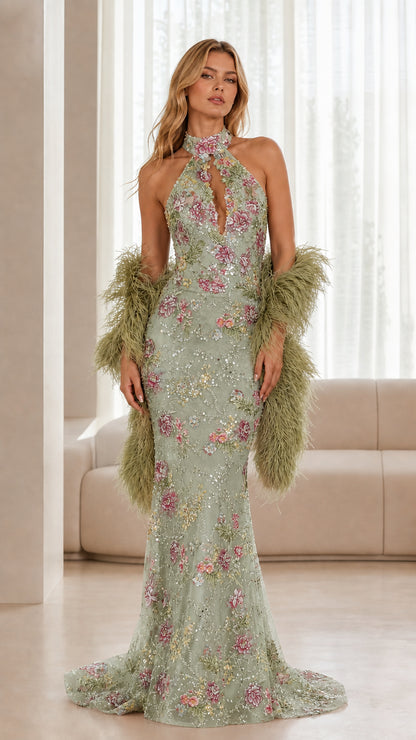Sage green floral embroidered sequin halter formal gown