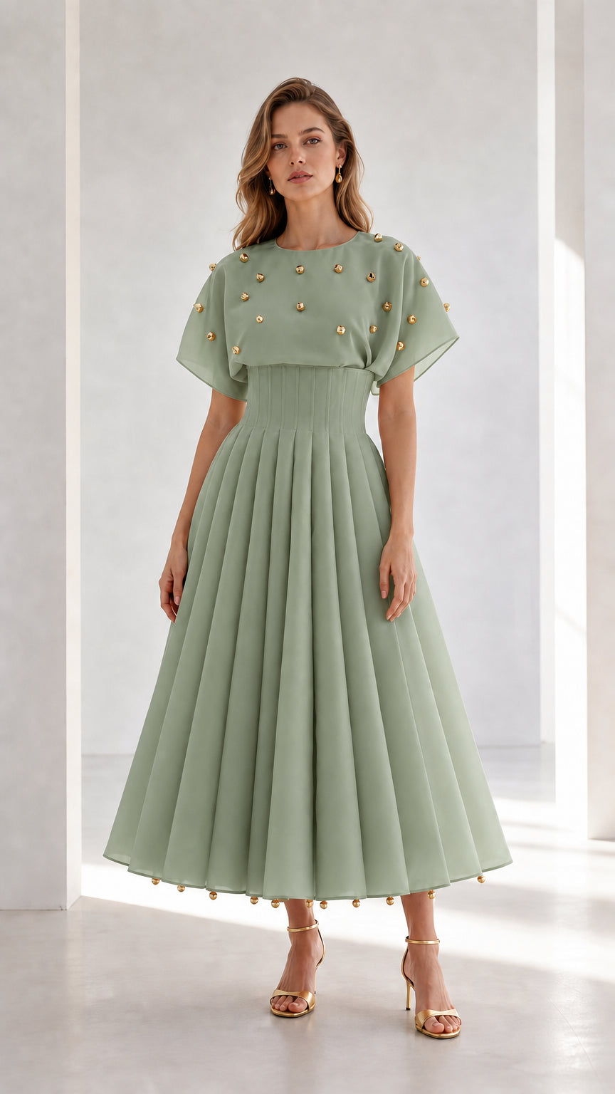 Front view of model wearing sage green studded pleated midi dress with flutter sleeves