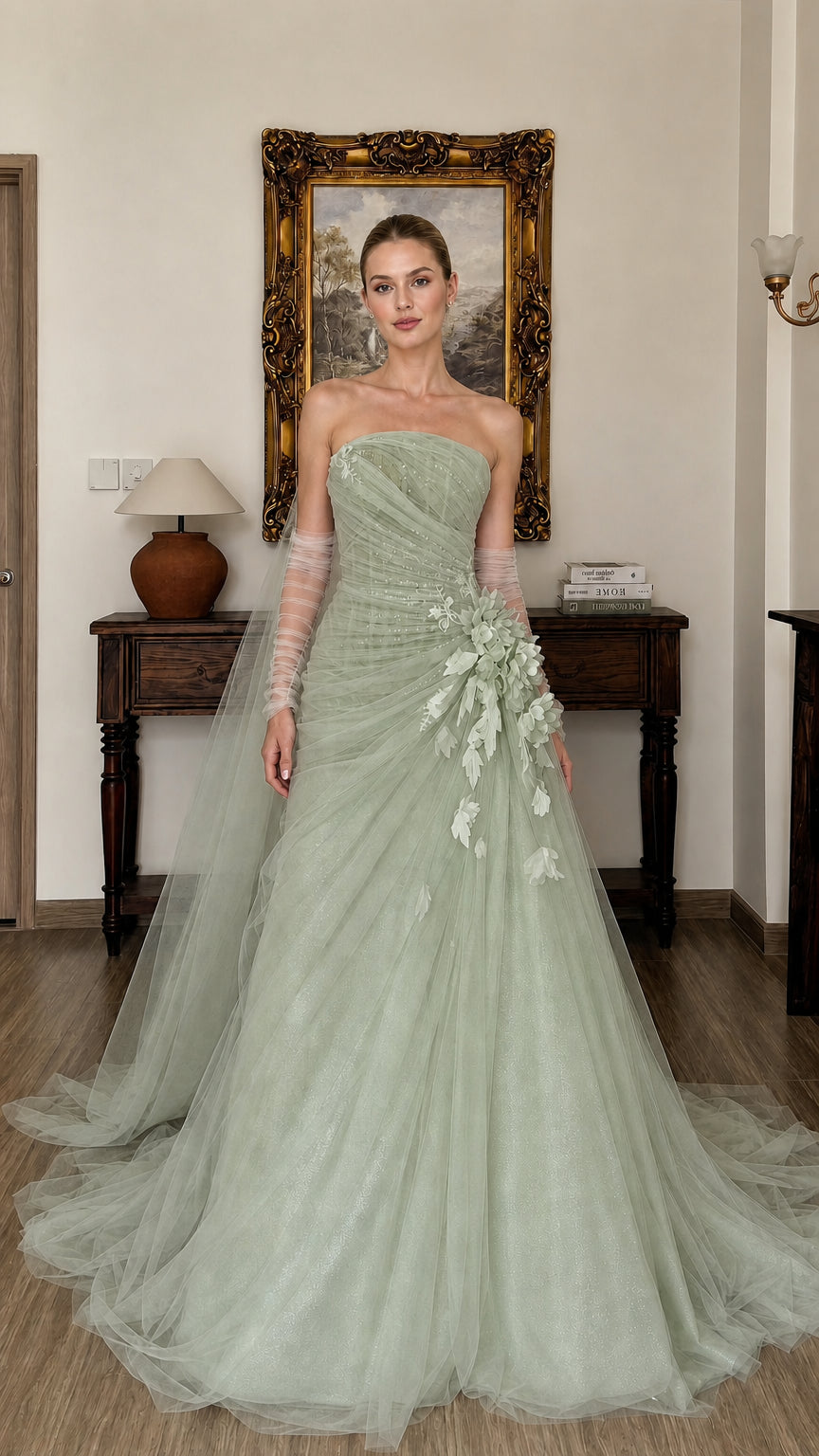 Sage green version of the strapless tulle evening gown