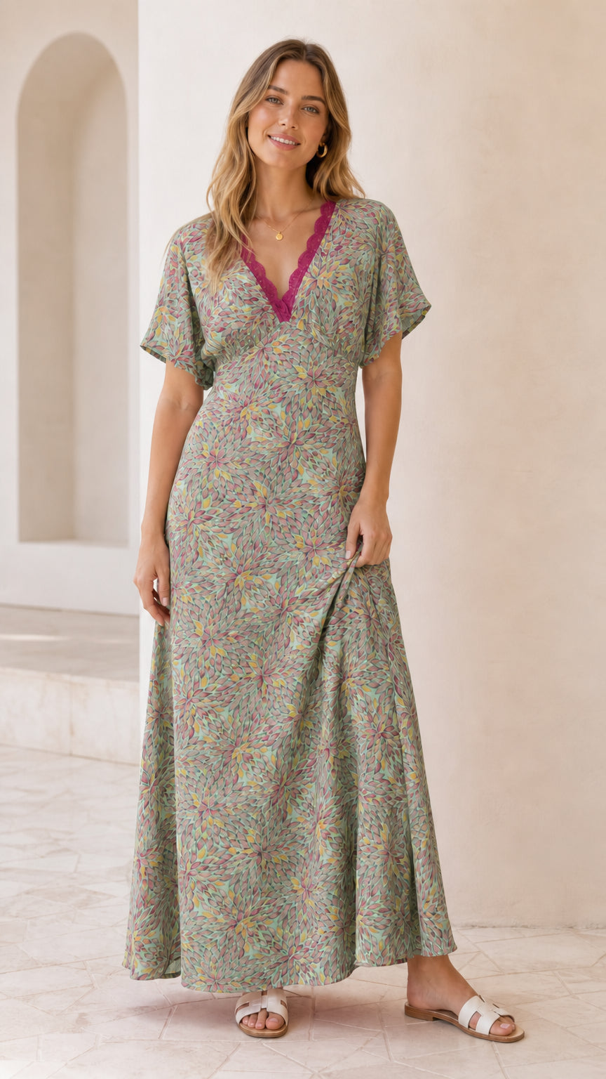 Front view of model wearing sage green floral lace trim maxi dress