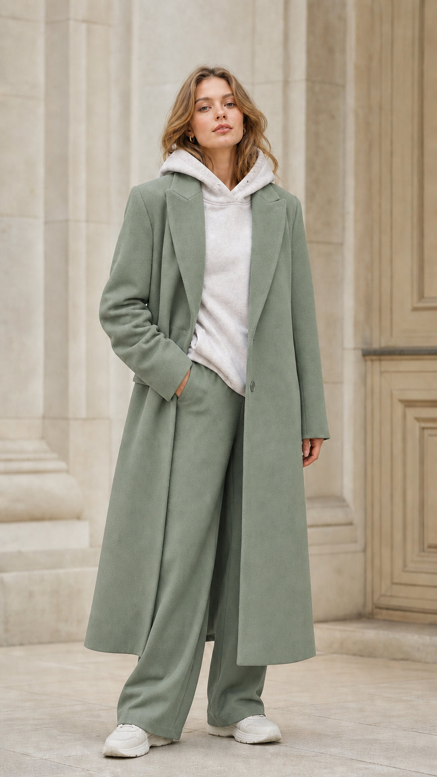 Front view of model wearing sage green relaxed fit maxi overcoat