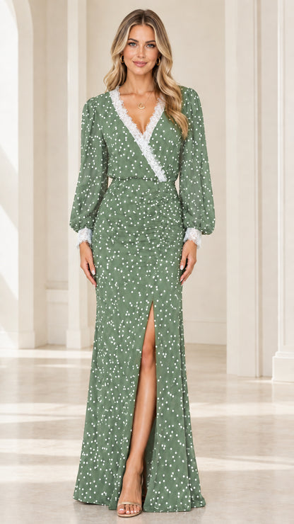 Front view of sage green polka dot long sleeve maxi dress with slit