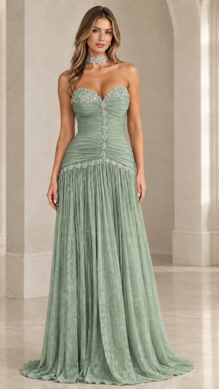 Sage green strapless ruched evening dress with rhinestone detailing