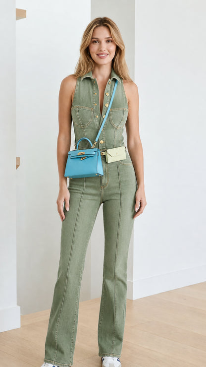 Model wearing green denim flare jumpsuit