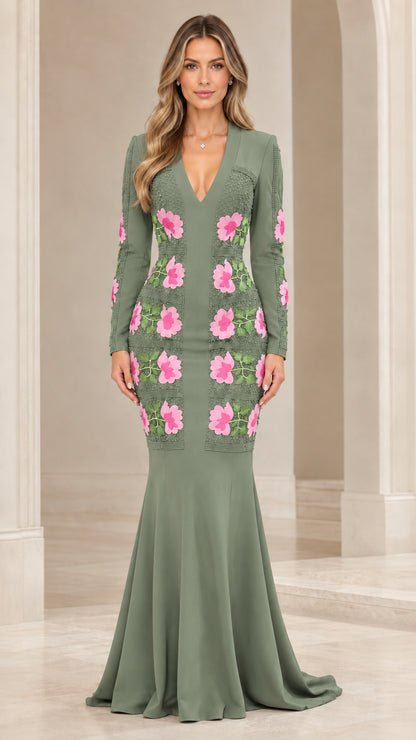 Front view of sage green long sleeve floral applique mermaid evening gown
