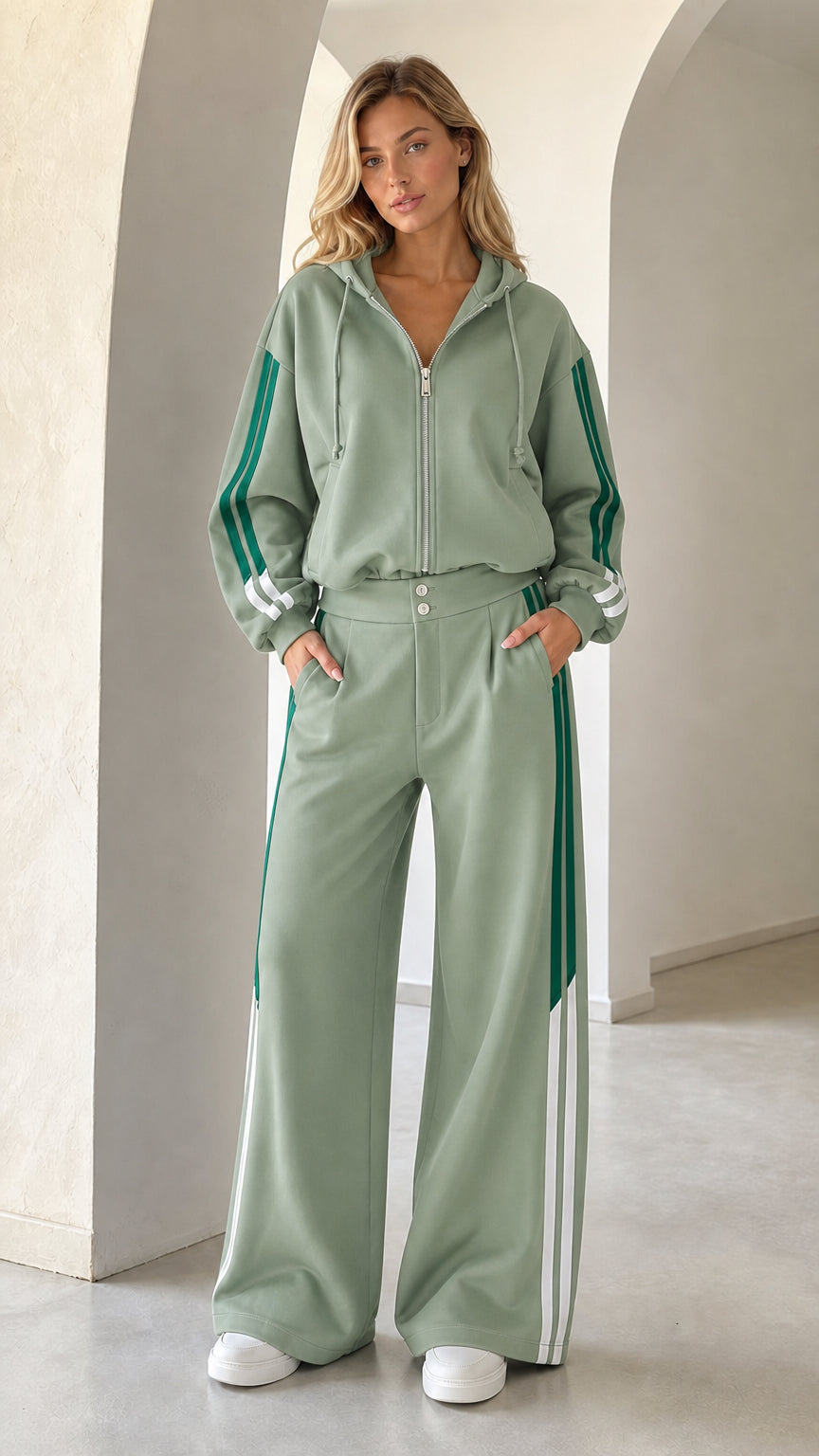 Full front view of woman wearing sage green 2-piece wide leg tracksuit set