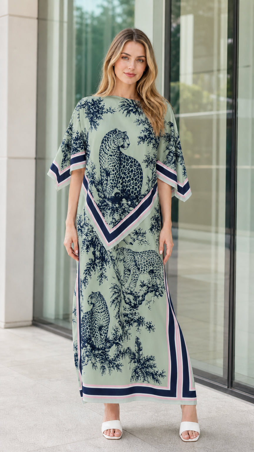 Sage green leopard scarf print kaftan maxi dress