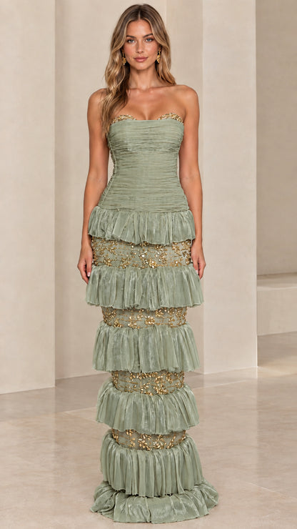 Front view of model wearing Sage Green strapless tiered formal maxi dress