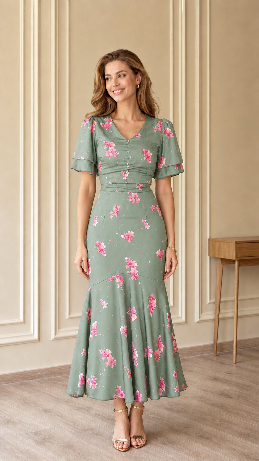 Sage green floral V-neck flutter sleeve mermaid midi dress on model