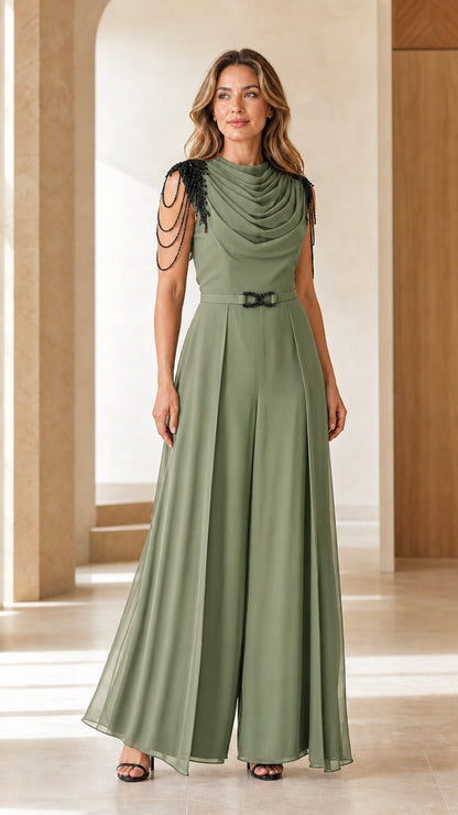 Sage green elegant wide-leg jumpsuit with beaded shoulder accents