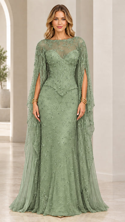 Sage Green sparkling floor-length cape dress for formal occasions