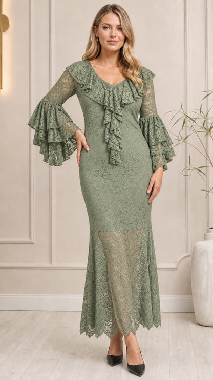 Sage green tiered bell sleeve floral lace maxi evening dress front view