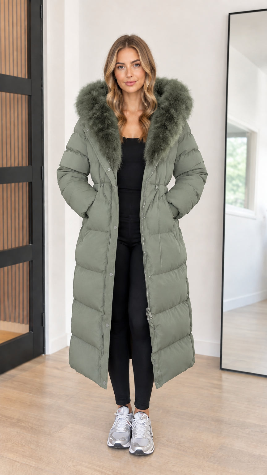 Full length view of women's sage green maxi winter puffer coat with matching fur trim