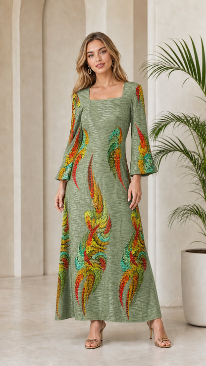 Front view of model wearing Sage Green square neck flared sleeve maxi dress