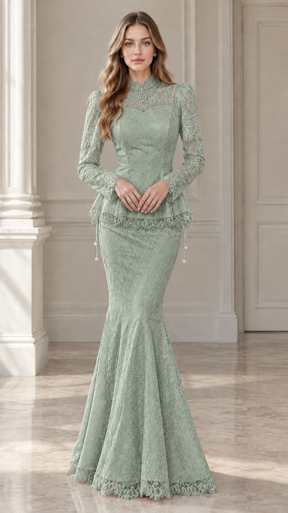 Full-length view of sage green long sleeve lace peplum mermaid evening gown