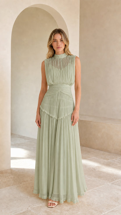 Model wearing sage green high-neck pleated chiffon formal maxi dress