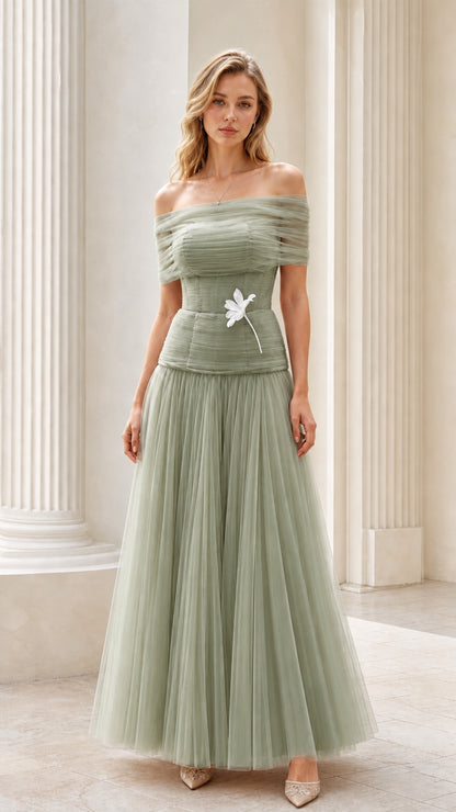 Full-length sage green off-the-shoulder tulle maxi dress