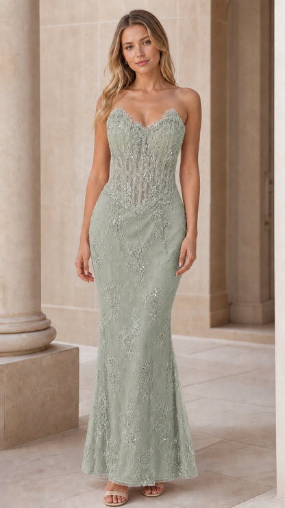 Sage color variant of the strapless lace mermaid evening dress