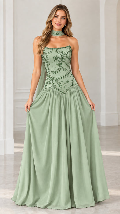Sage green strapless beaded evening maxi dress with matching neckband