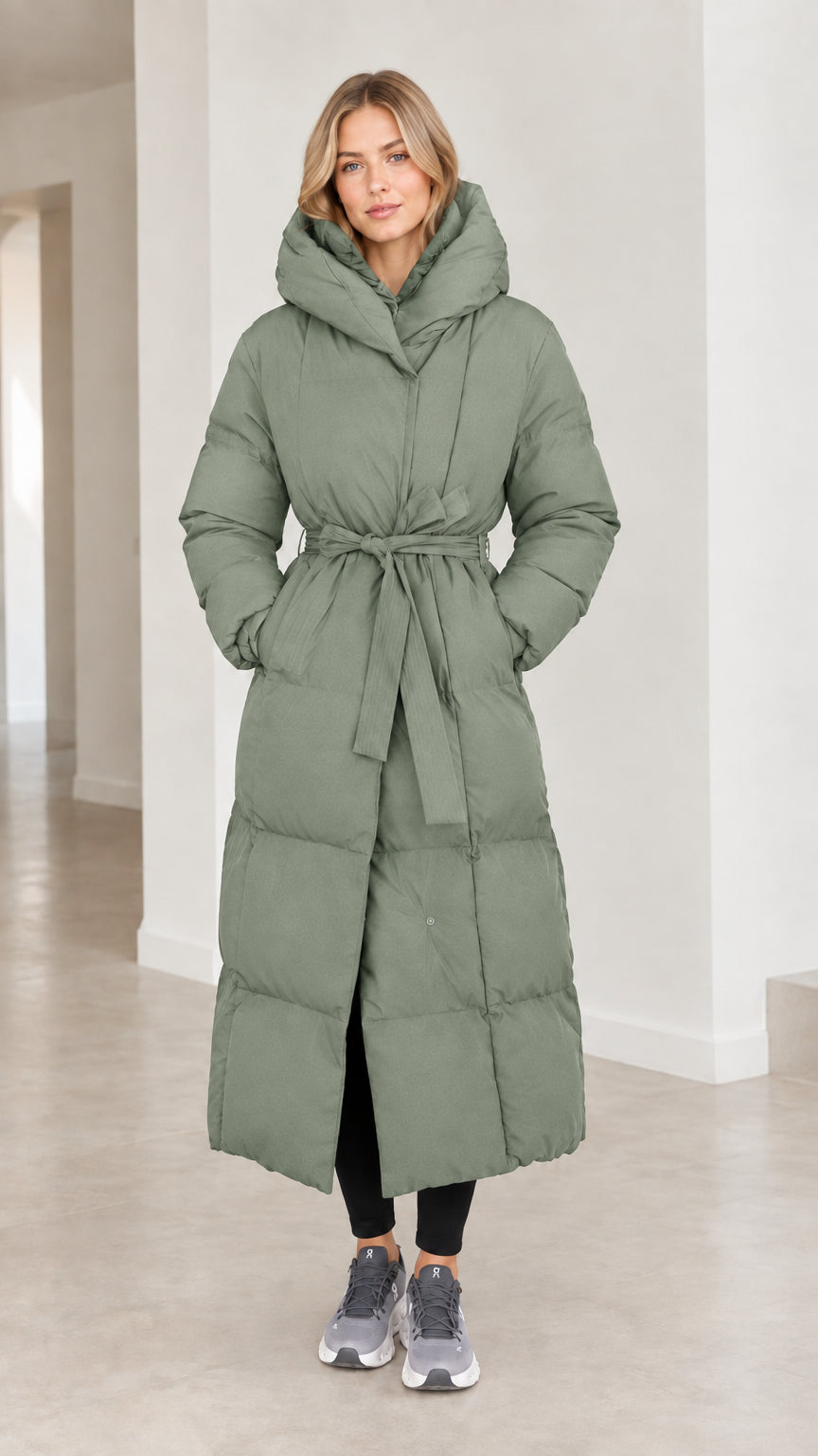 Front view of model wearing sage green maxi belted quilted winter coat