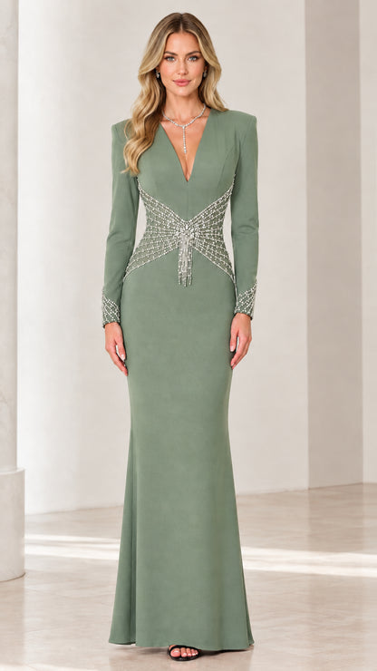 Sage Green floor-length formal gown with plunging neckline and rhinestone waist accent