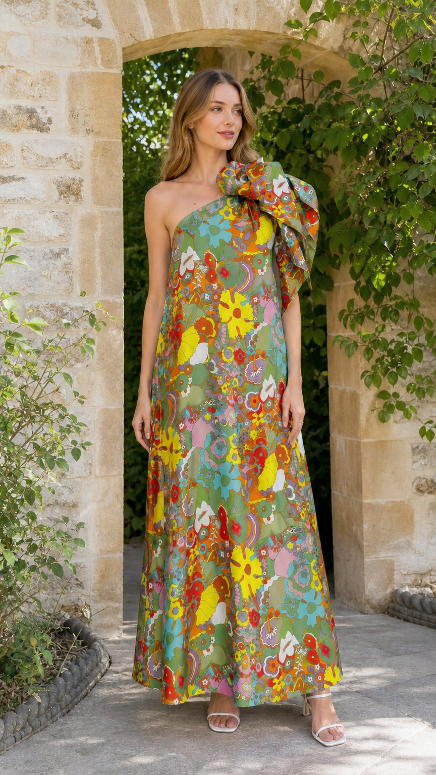 Model wearing green multi floral one-shoulder maxi dress