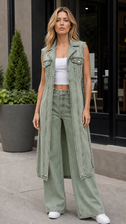 Model wearing sage green long denim vest and matching wide leg pants set