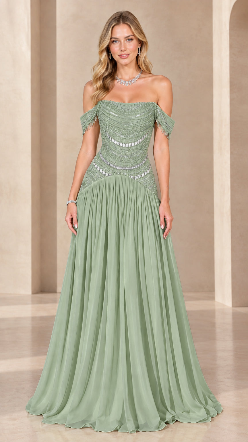 Full-length front view of sage green off-the-shoulder beaded maxi evening dress