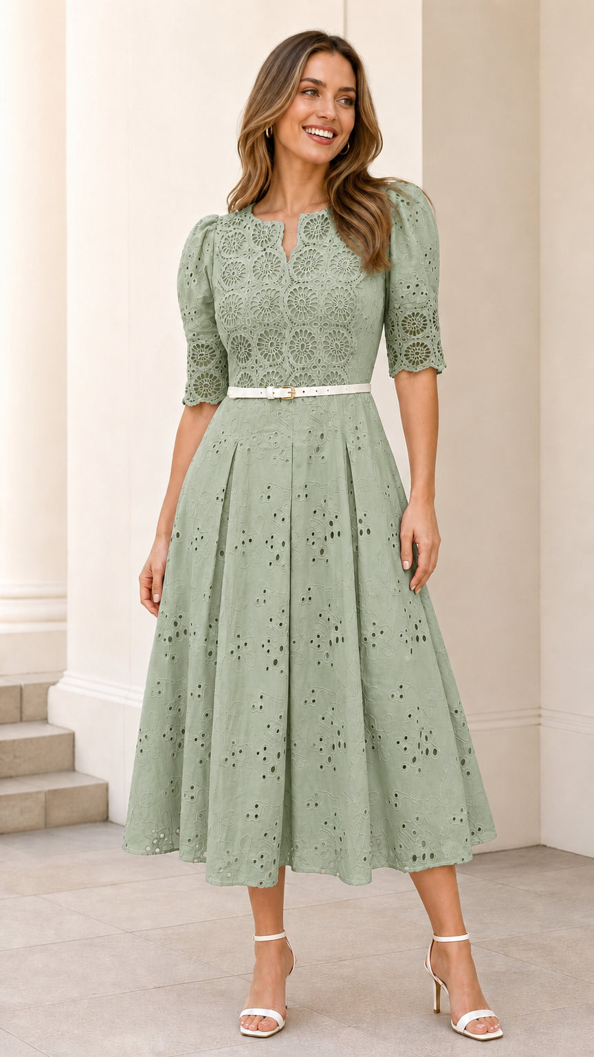 Front full view of sage green eyelet midi dress