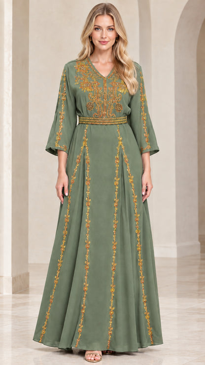 Sage green embroidered V-neck maxi dress with gold details