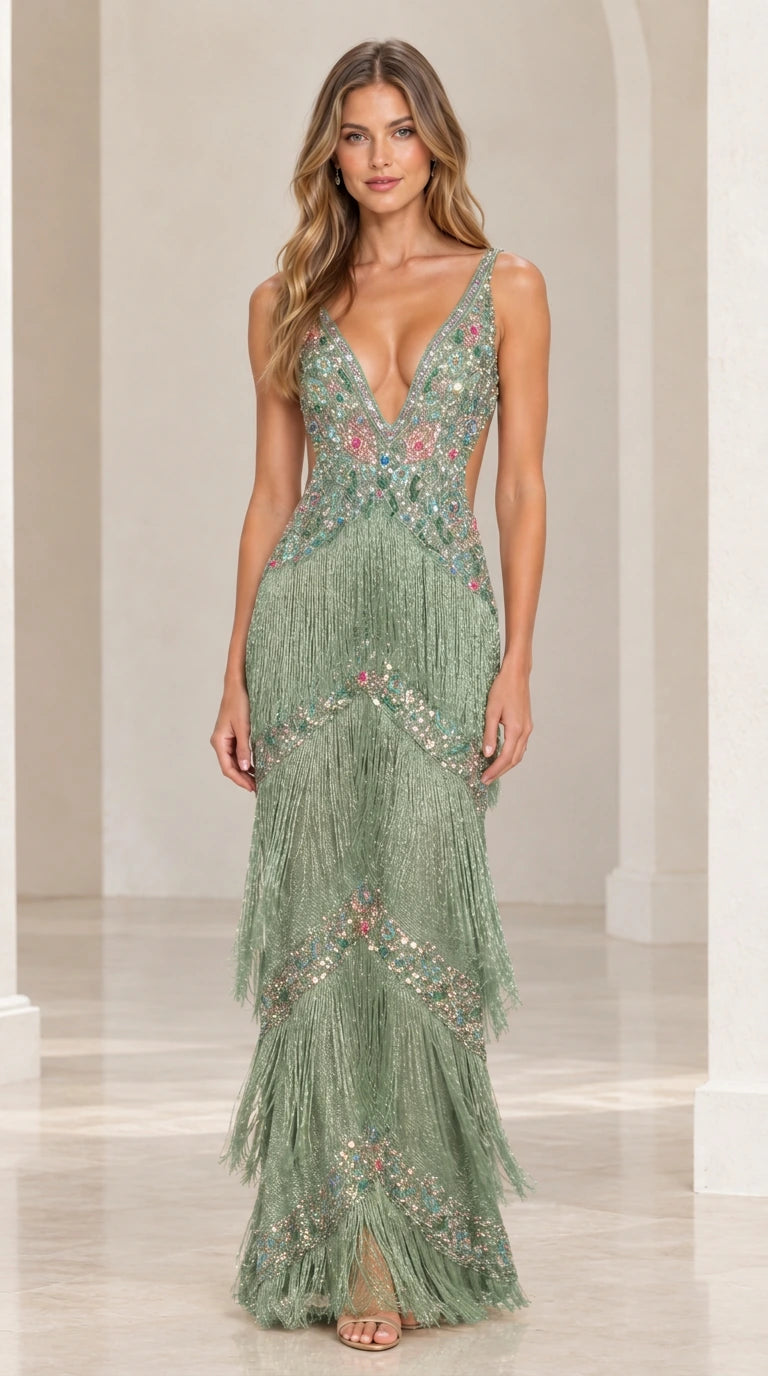 Model wearing sage green beaded and fringed floor-length evening dress