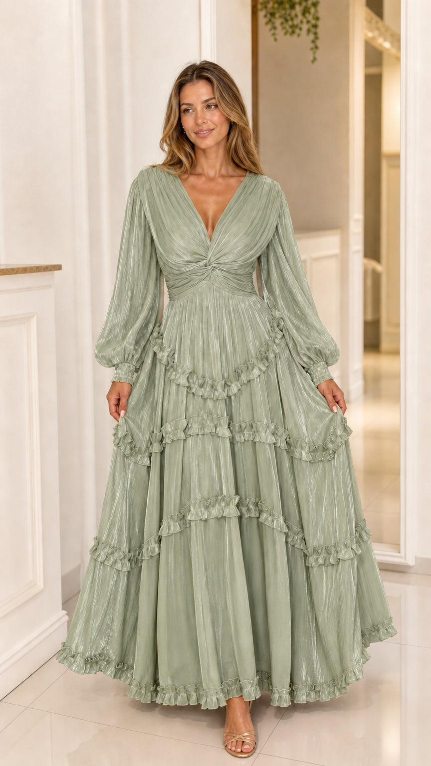 Front view of Sage Green pleated shimmer tiered maxi dress