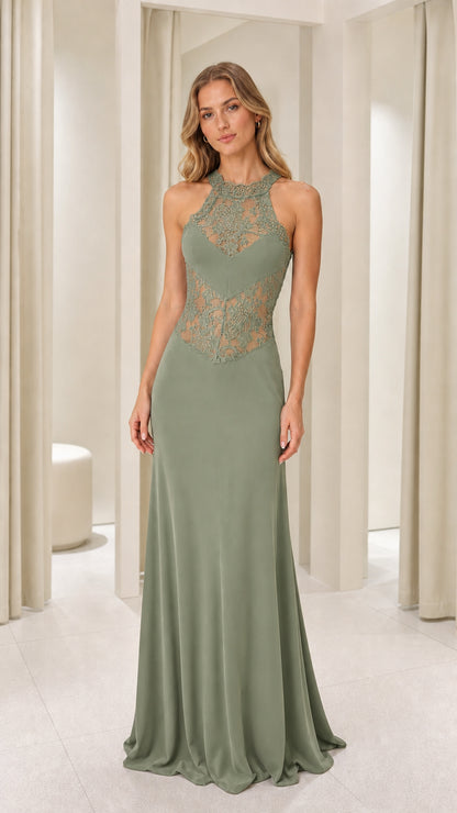 Sage green color variant of the lace bodice maxi dress