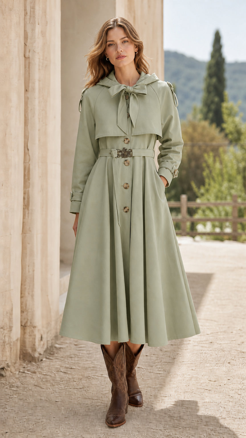 Front view of woman wearing sage green hooded swing trench coat