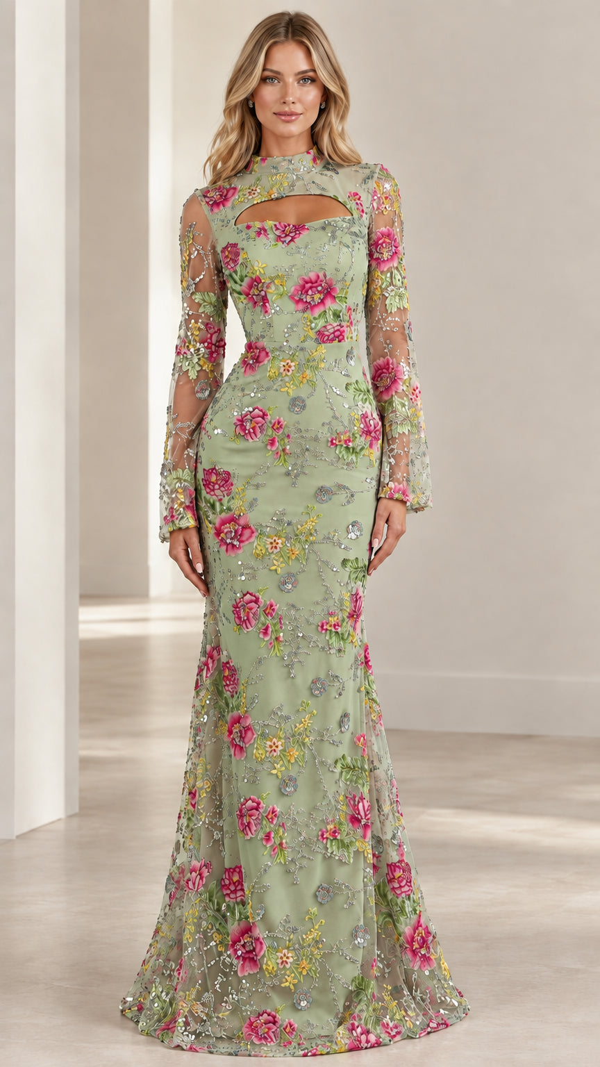 Front view of Sage Green floral sequin embroidered formal gown