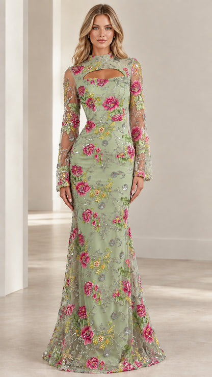 Front view of Sage Green floral sequin embroidered formal gown