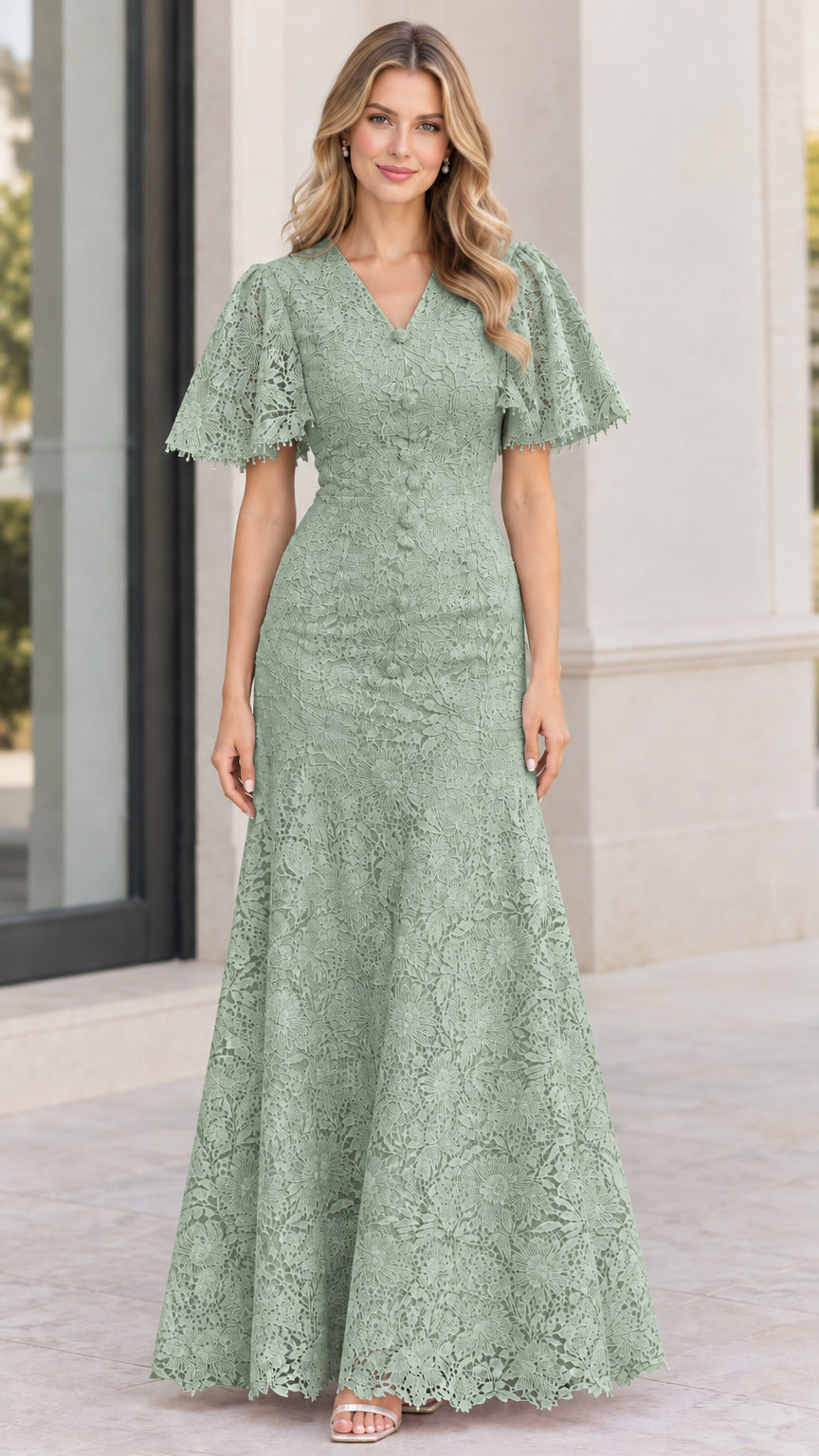 Sage green lace V-neck flutter sleeve evening dress