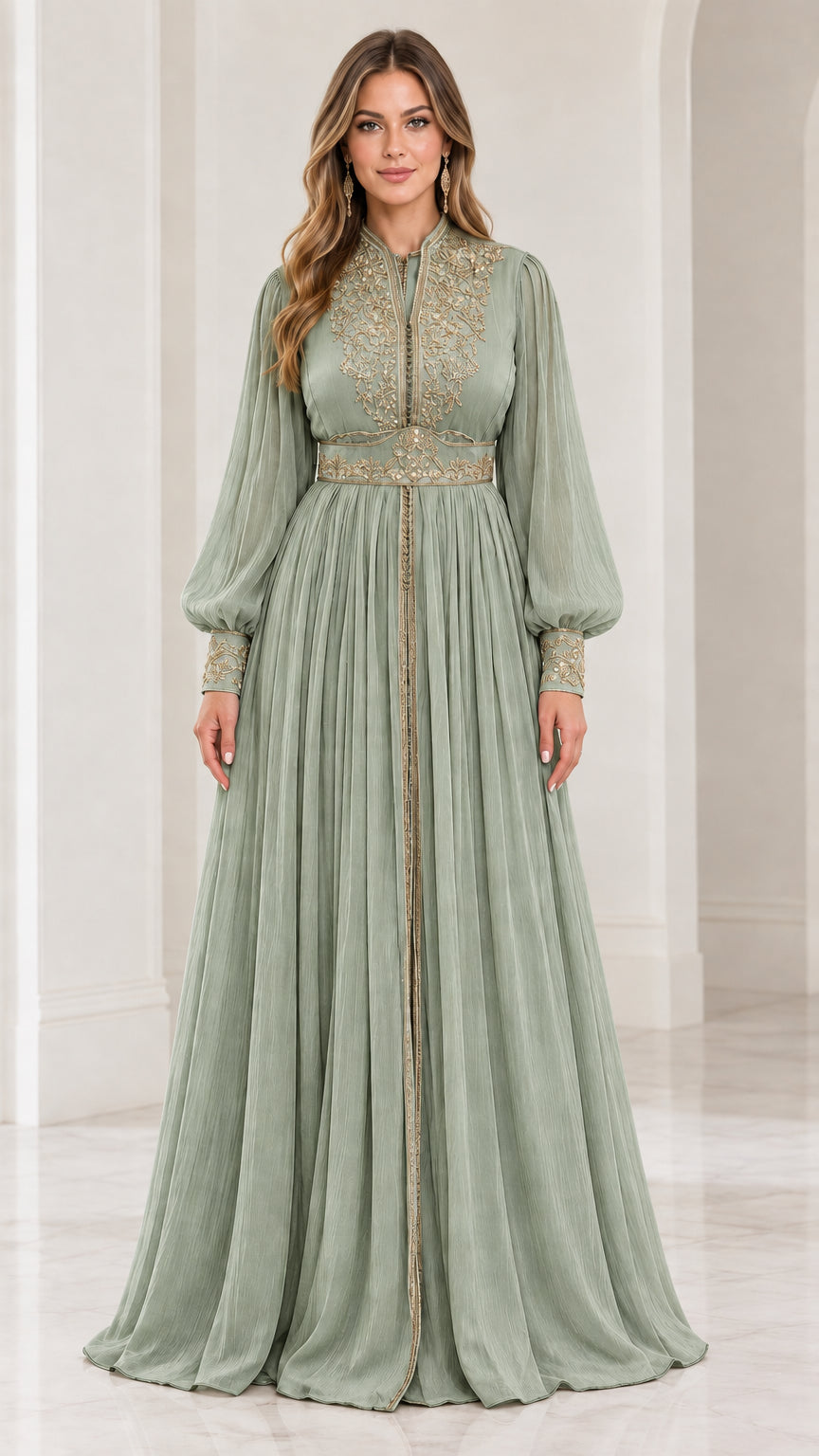 Front view of model wearing sage green embroidered long sleeve maxi dress