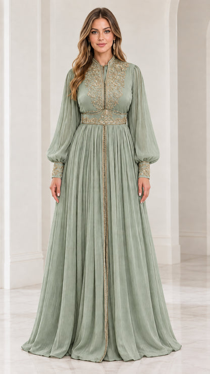 Front view of model wearing sage green embroidered long sleeve maxi dress