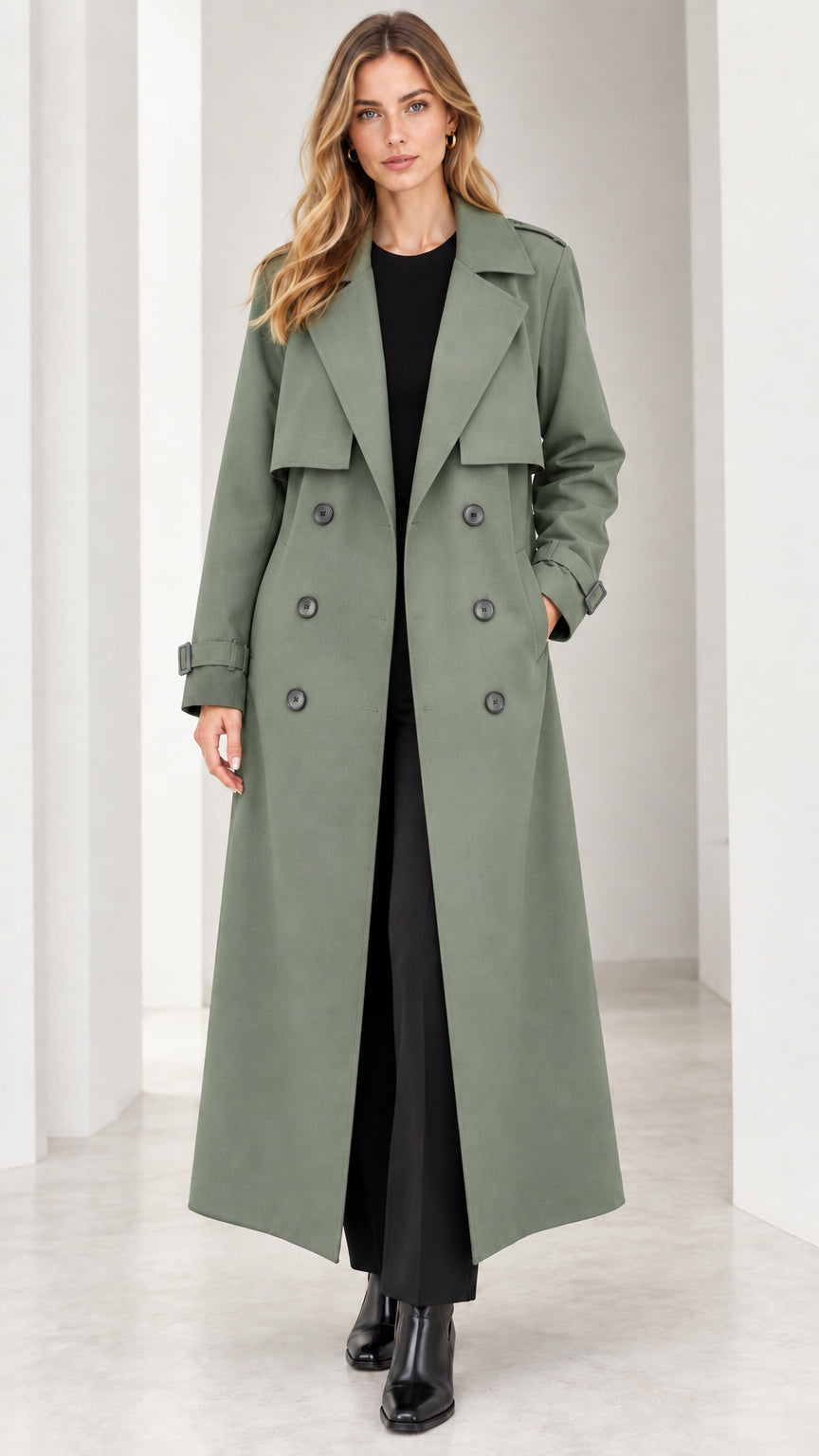 Front view of woman wearing sage green maxi double-breasted trench coat