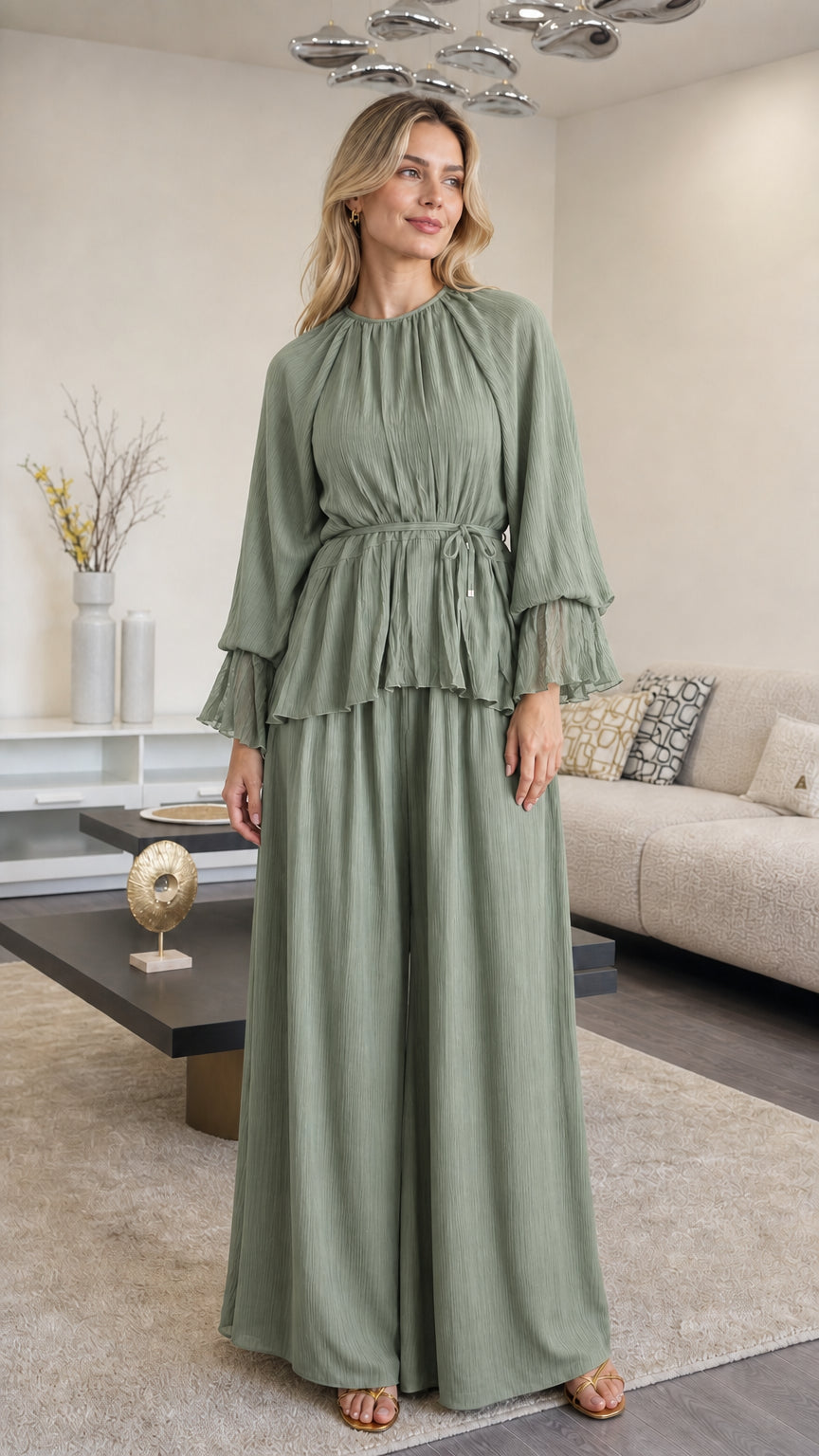 Front view of woman wearing Sage Green flowy wide leg two piece set