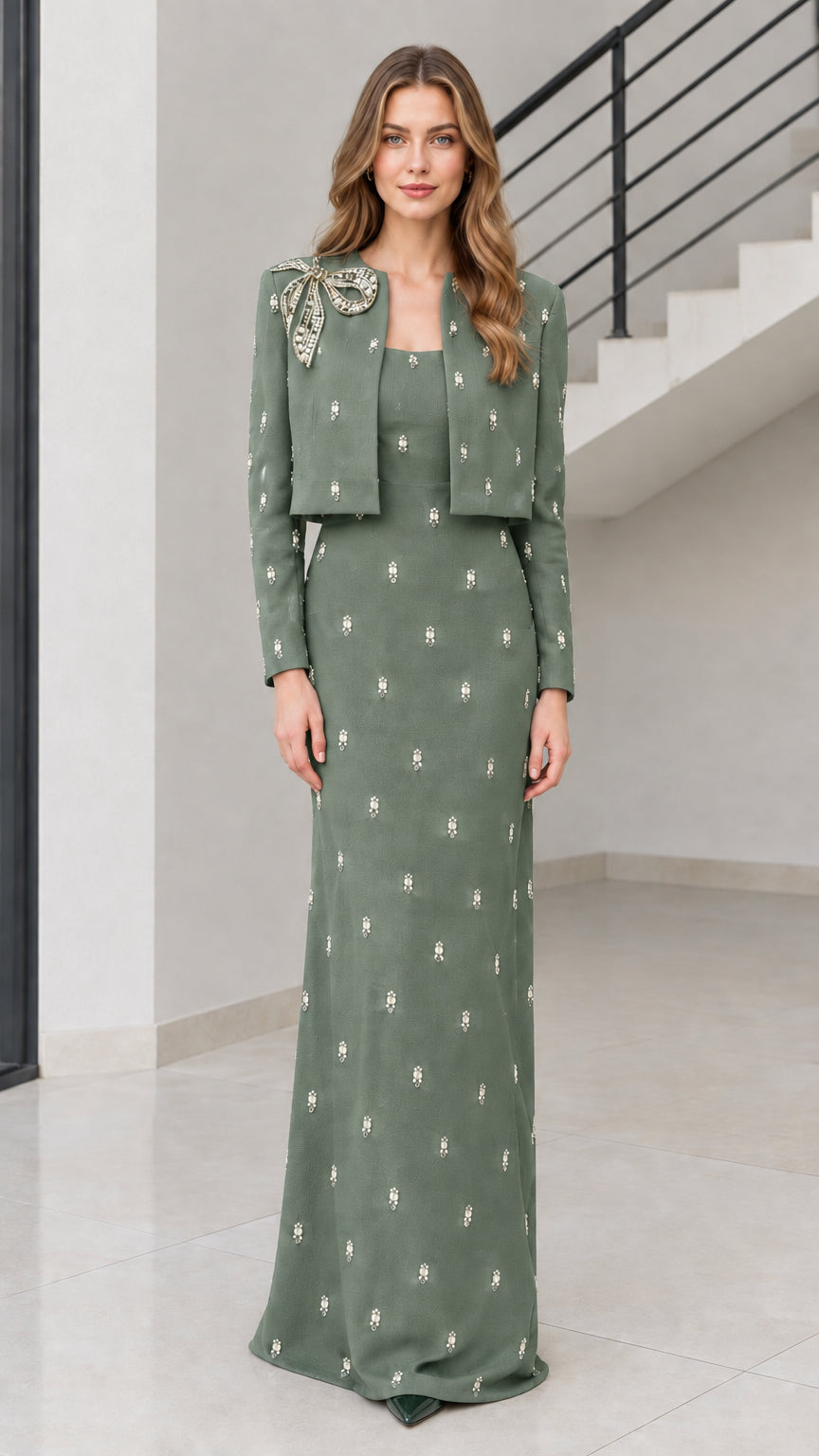 Sage green embellished maxi dress with matching long-sleeve cropped jacket