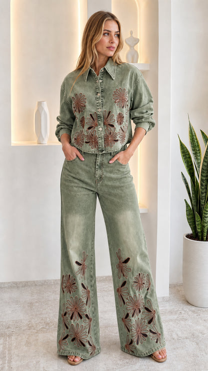Model wearing sage green floral embroidered cutout denim pant set