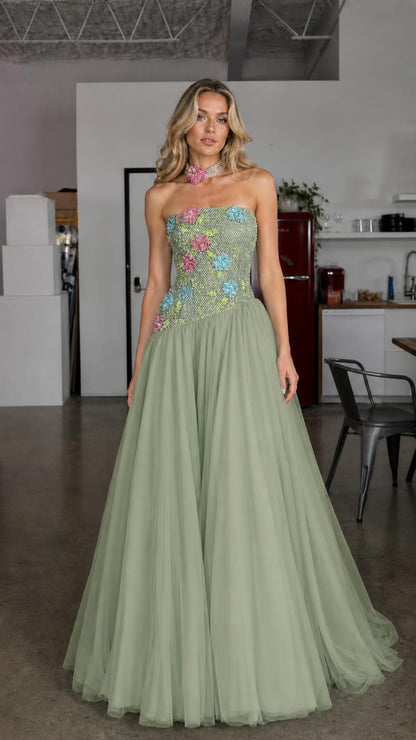 Sage green variant of the crystal embellished strapless tulle evening gown
