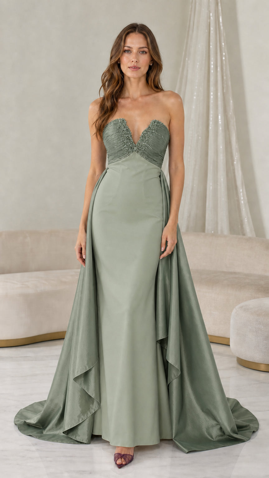 Full length view of sage green color variant evening dress