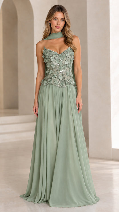 Model wearing Sage Green floral embellished sweetheart chiffon evening gown